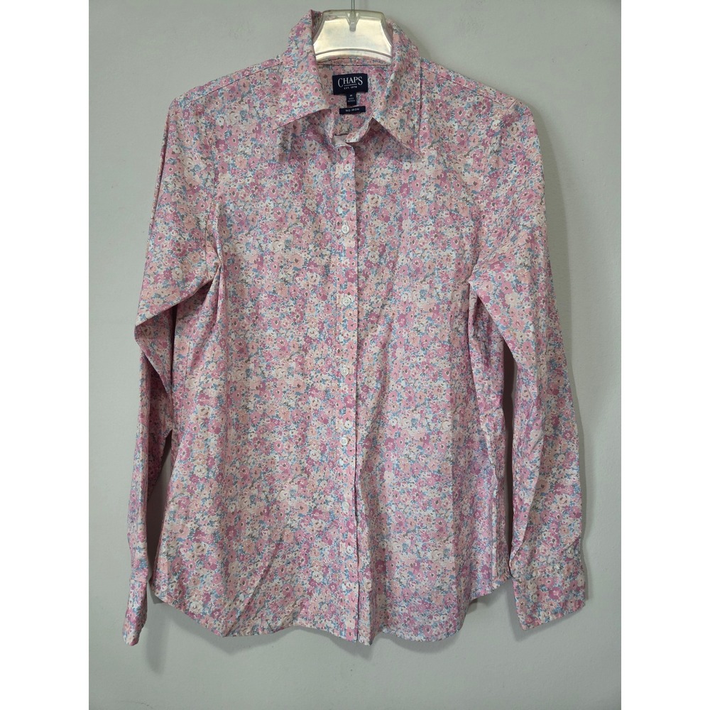 Chaps Womens Pink Floral No Iron Button Down Shirt Long Sleeve Blouse Size M